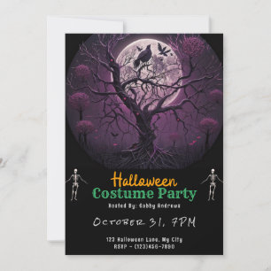Invitation Pleine Lune Effrayante et Oiseaux Halloween Noir