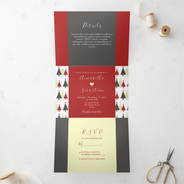 Invitation pliable triple pour mariage Hiver Rouge (Intérieur)