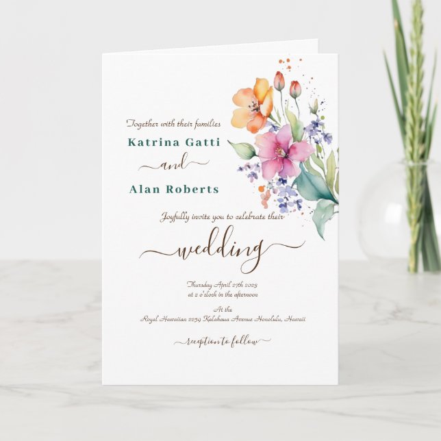 Invitation pliée Fleurs de pêcher rose jaune (Devant)