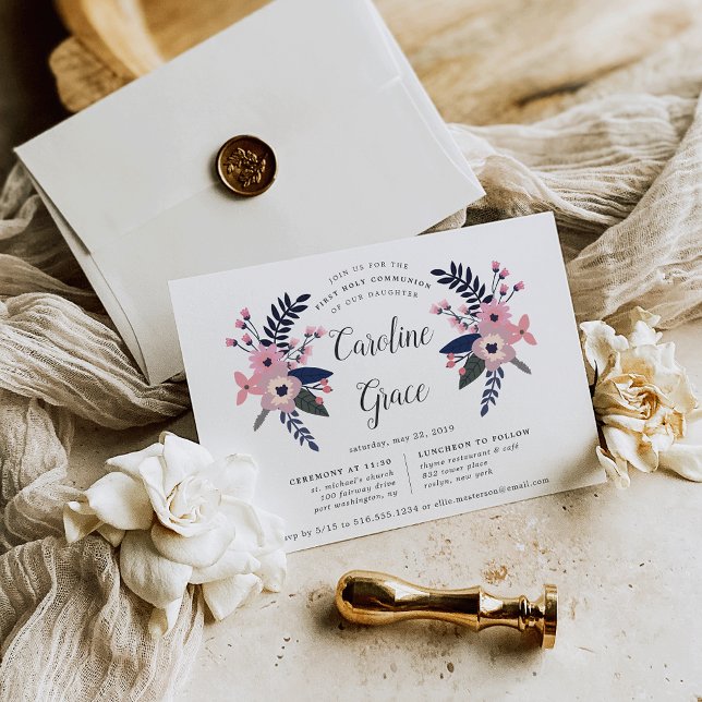 Invitation Plomb rose | Première communion sainte florale (Créateur téléchargé)