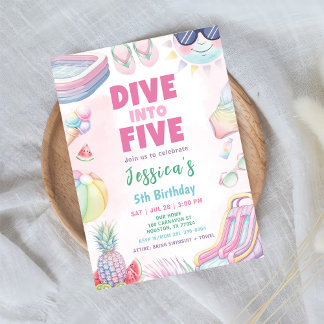 Invitation Plongez dans cinq - Summer Girl 5th Birthday Party