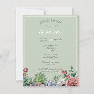 Invitation Pluie de Mariée Aquarelle Rose Bleu Vert Succulen