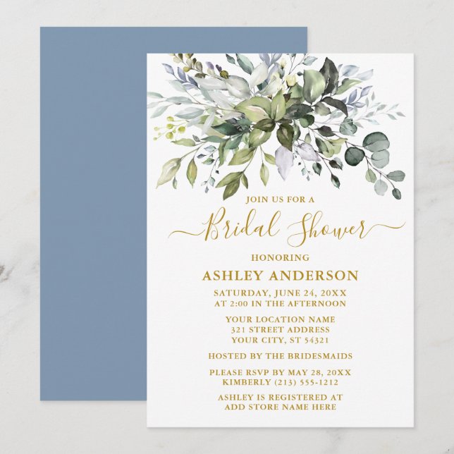 Invitation Pluie de Mariée Aquarelle Verdure Bleu Poussiéreux (Devant / Derrière)