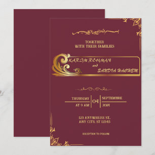 Invitation Plum à cadre floral et or Mariage musulman islamiq