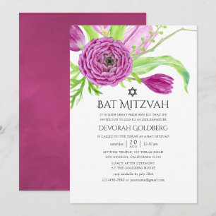 Invitation Plum Aquarelle Floral Bat mitzvah