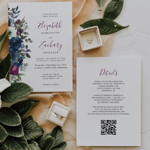 Invitation Plum Aquarelle Floral Marine bleu QR Code Mariage
