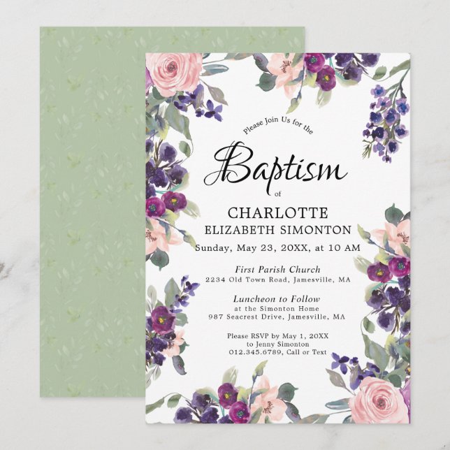 Invitation Plum Blush Purple Floral Baptême (Devant / Derrière)