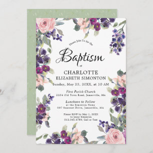 Invitation Plum Blush Purple Floral Baptême