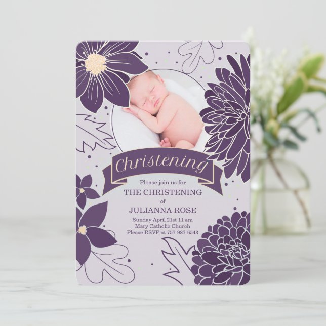 Invitation Plum Botanical pour les filles avec Christening Ph (Debout devant)