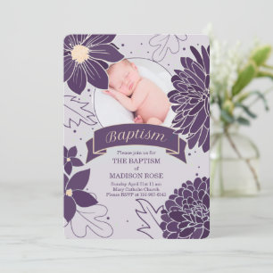 Invitation Plum Botaniques pour les filles avec Baptême Photo