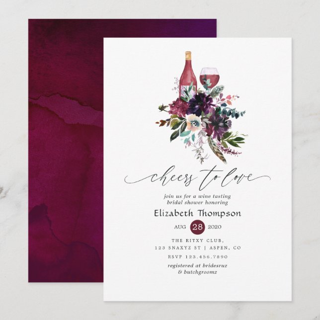 Invitation Plum Bourgogne Fête des mariées de dégustation de  (Devant / Derrière)