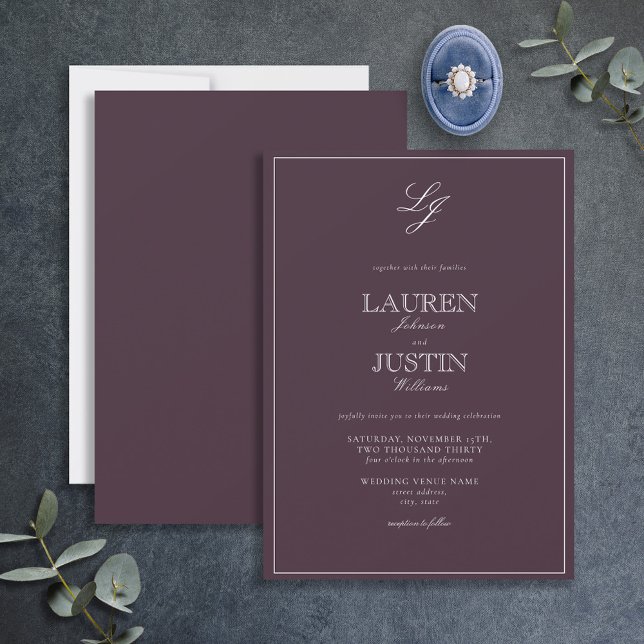 Invitation Plum classique violet Mariage de script Monogramme (Créateur téléchargé)