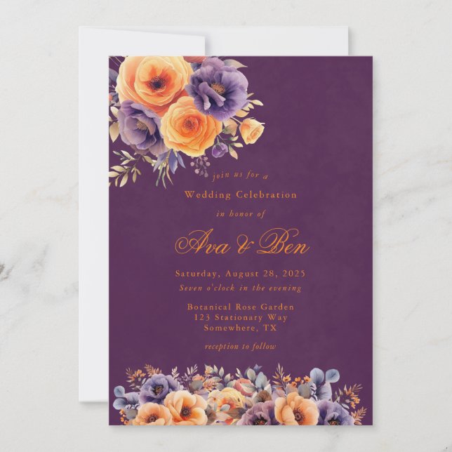 Invitation Plum d'aubergine Orange Floral Mariage Célébration (Devant)