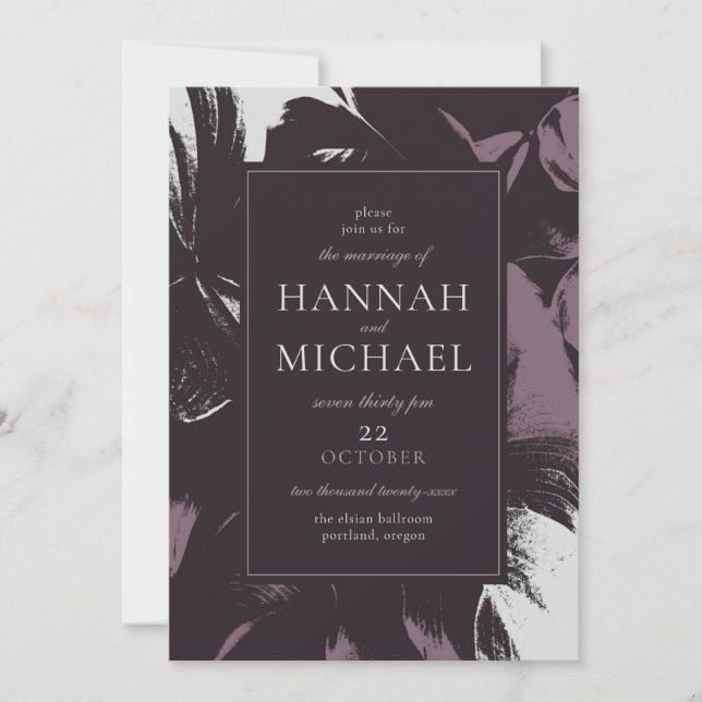 Invitation Plum Eggplant Abstrait noir Mariage floral (Devant)