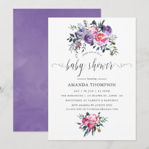 Invitation Plum et Aquarelle rose Baby shower Floral