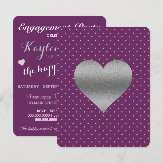 Invitation Plum Et Argent Coeur Polka Dot Douche Party (Devant / Derrière)