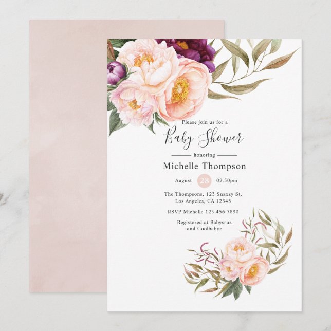 Invitation Plum et Baby shower floral flou (Devant / Derrière)