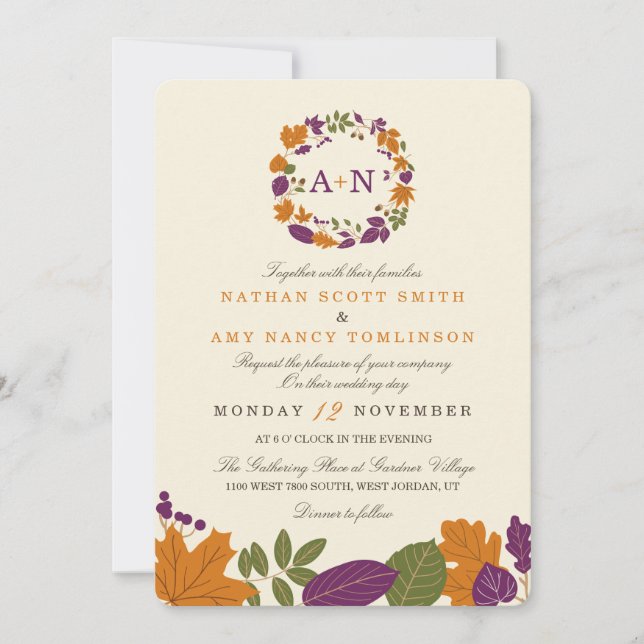 Invitation Plum et Citrouille Automne Wreath Wedding Invitati (Devant)