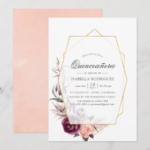 Invitation Plum et floral flou Géométrique Quinceañera