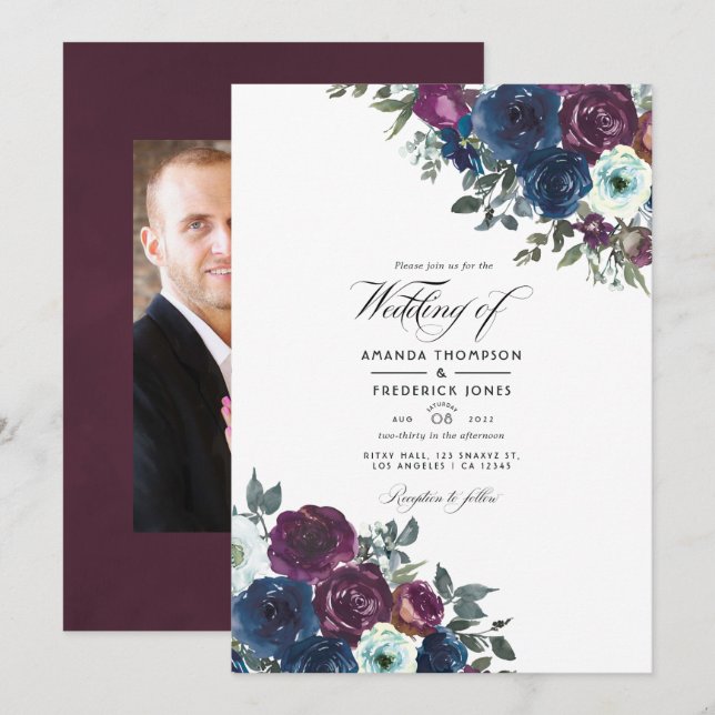 Invitation Plum et marine Floral Mariage Photo (Devant / Derrière)