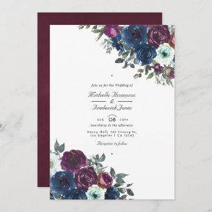 Invitation Plum et marine Floral QR Code RSVP Mariage