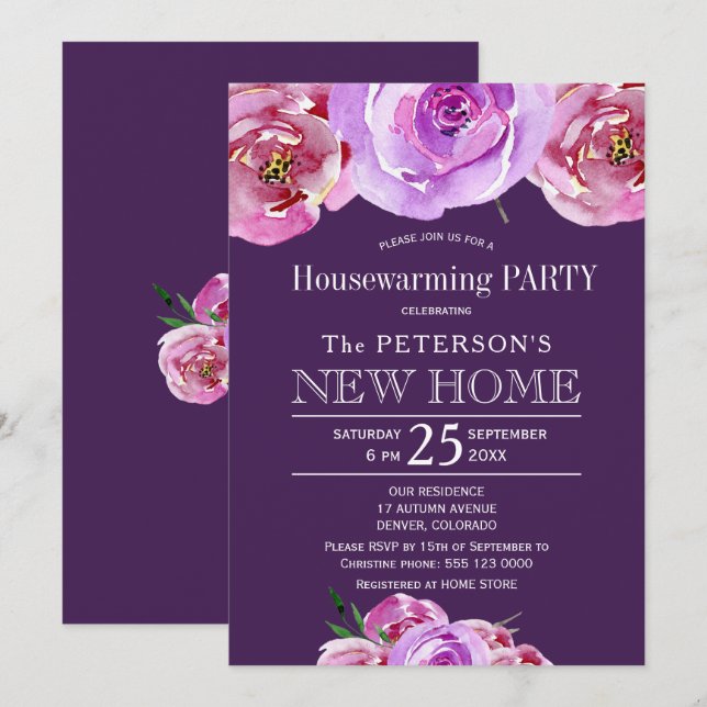 Invitation Plum floral automne pelouse blush (Devant / Derrière)