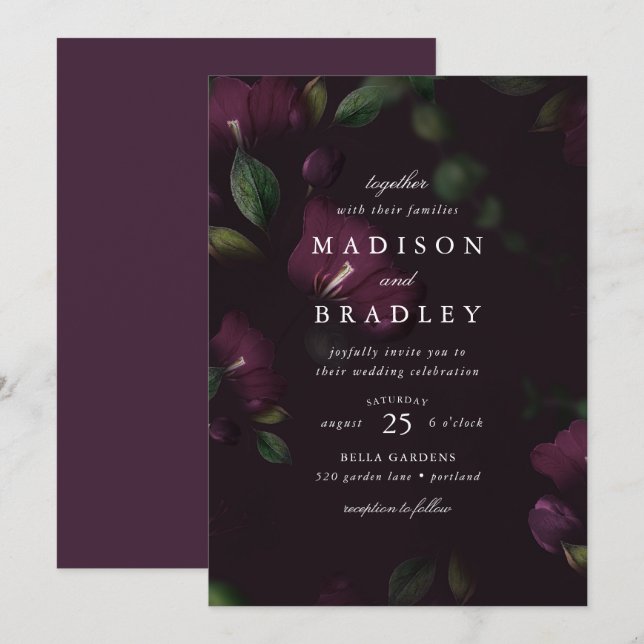 Invitation Plum floral foncé | MARIAGE (Devant / Derrière)