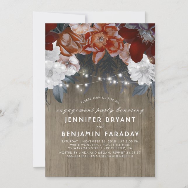Invitation Plum Floral Lights Russe Engagement Party (Devant)