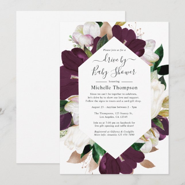 Invitation Plum foncé et Flore de printemps blanc par douche (Devant / Derrière)