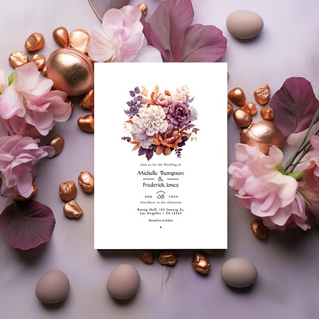 Invitation Plum, Grey, cuivre et Dusty Rose Mariage floral (Créateur téléchargé)