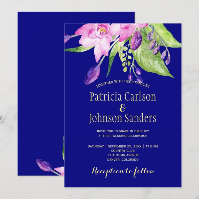 Invitation Plum marine aquarelle été mariage floral (Devant / Derrière)