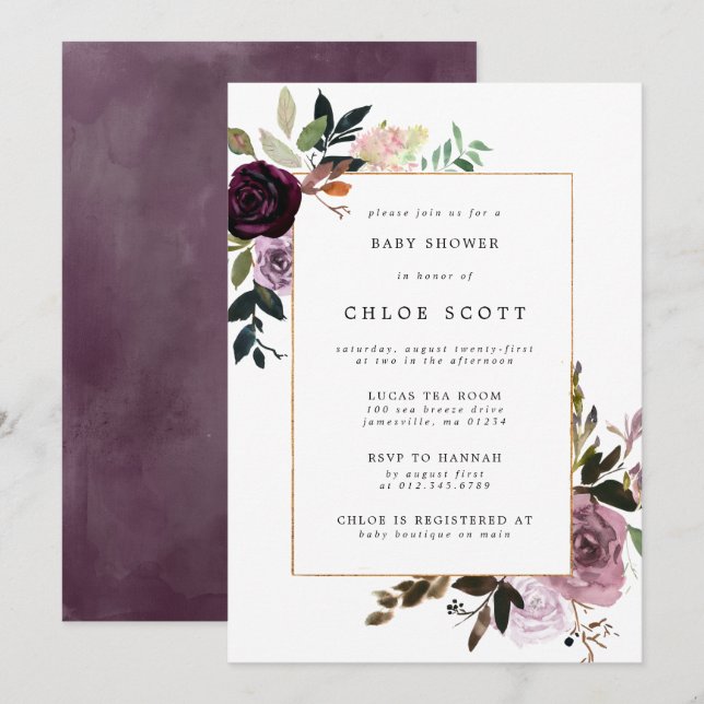 Invitation Plum mauve Baby shower floral rose rose (Devant / Derrière)