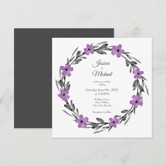 Invitation Plum Mauve Gris Aquarelle noire Florale Wreath (Devant / Derrière)