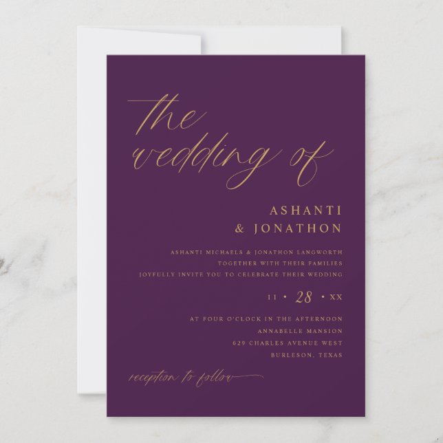 Invitation Plum moderne romantique violet et Mariage d'or (Devant)