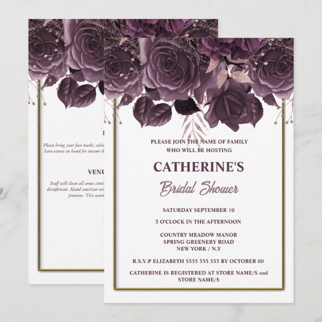 Invitation Plum or blanc rose aquarelle nuptiale douche chic (Devant / Derrière)