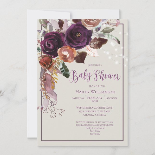 Invitation Plum, Or, Vert Floral Chaîne Lumières Baby shower (Devant)