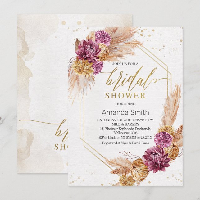 Invitation Plum Pampas Grass Boho Fête de l'mariée géométriqu (Devant / Derrière)