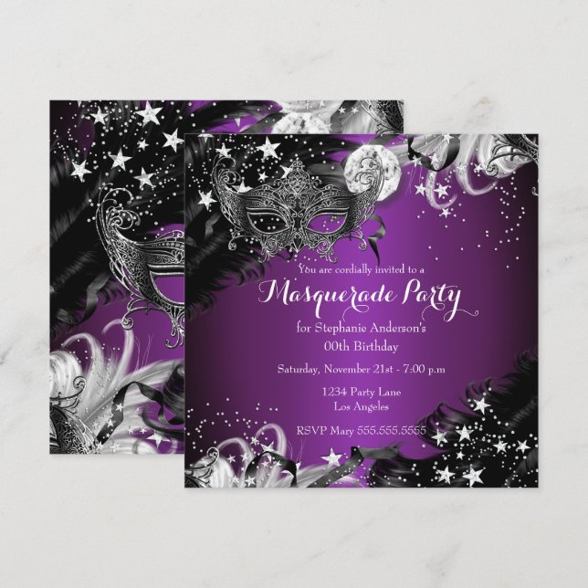 Invitation Plum pourpre Étincelle Magique Nuit Mascarade (Devant / Derrière)