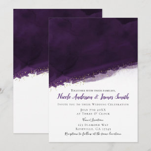 Invitation Plum Purple Aquarelle & Or Moderne Mariage chic