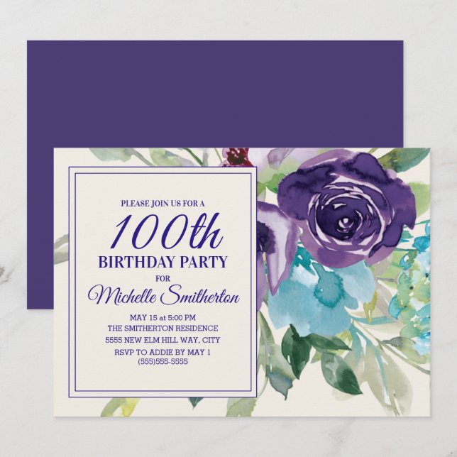 Invitation Plum Purple Bleu Aquarelle Florale 100e anniversai (Devant / Derrière)