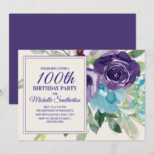 Invitation Plum Purple Bleu Aquarelle Florale 100e anniversai