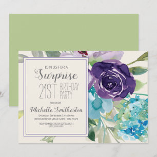 Invitation Plum Purple Bleu Floral Surprise 21e anniversaire