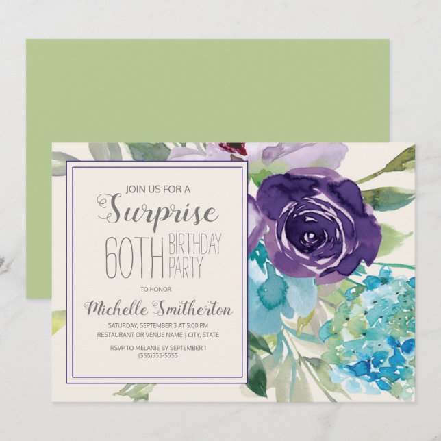Invitation Plum Purple Bleu Floral Surprise 60e anniversaire (Devant / Derrière)