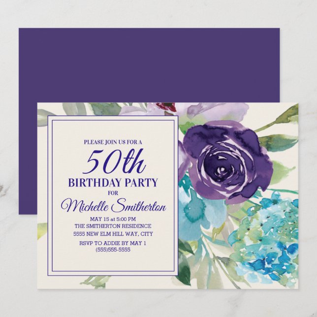 Invitation Plum Purple Blue Aquarelle Floral 50e anniversaire (Devant / Derrière)
