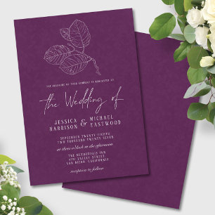 Invitation Plum Purple Feuilles Delicate Outline Mariage élég