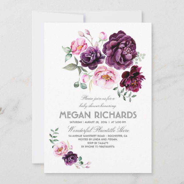 Invitation Plum Purple Floral Aquarelle Boho Baby shower (Devant)