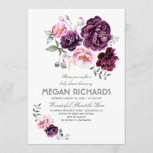 Invitation Plum Purple Floral Aquarelle Boho Baby shower