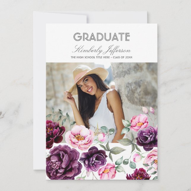 Invitation Plum Purple Floral Aquarelle Photo Graduation (Devant)