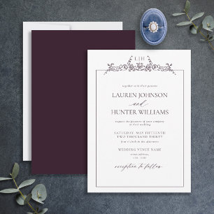 Invitation Plum Purple Floral Bordure Monogramme Mariage