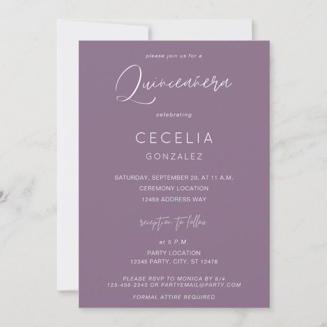 Invitation Plum Purple MOD Calligraphie Quinceanera & Cérémon (Devant)